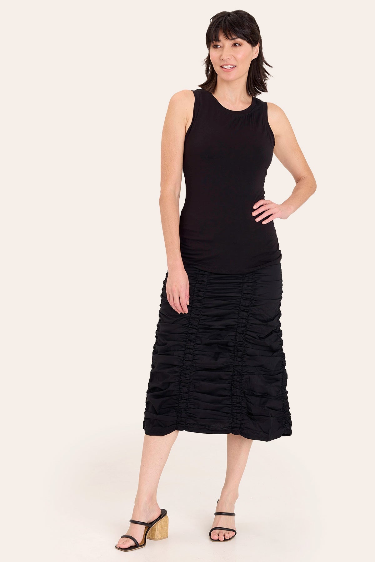 Core by Shirred Drawstring Midi Skirt in Stretch Poplin in Black  - XCVI