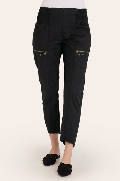 Core by Acker Zipper Slim Crop with shirred panels, zipper pockets, and raw-edge distressed rounded hem in Black  - XCVI