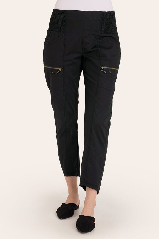 Core by Acker Zipper Slim Crop with shirred panels, zipper pockets, and raw-edge distressed rounded hem in Black  - XCVI