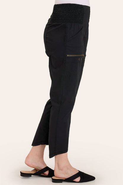 Core by Acker Zipper Slim Crop with shirred panels, zipper pockets, and raw-edge distressed rounded hem in Black  - XCVI