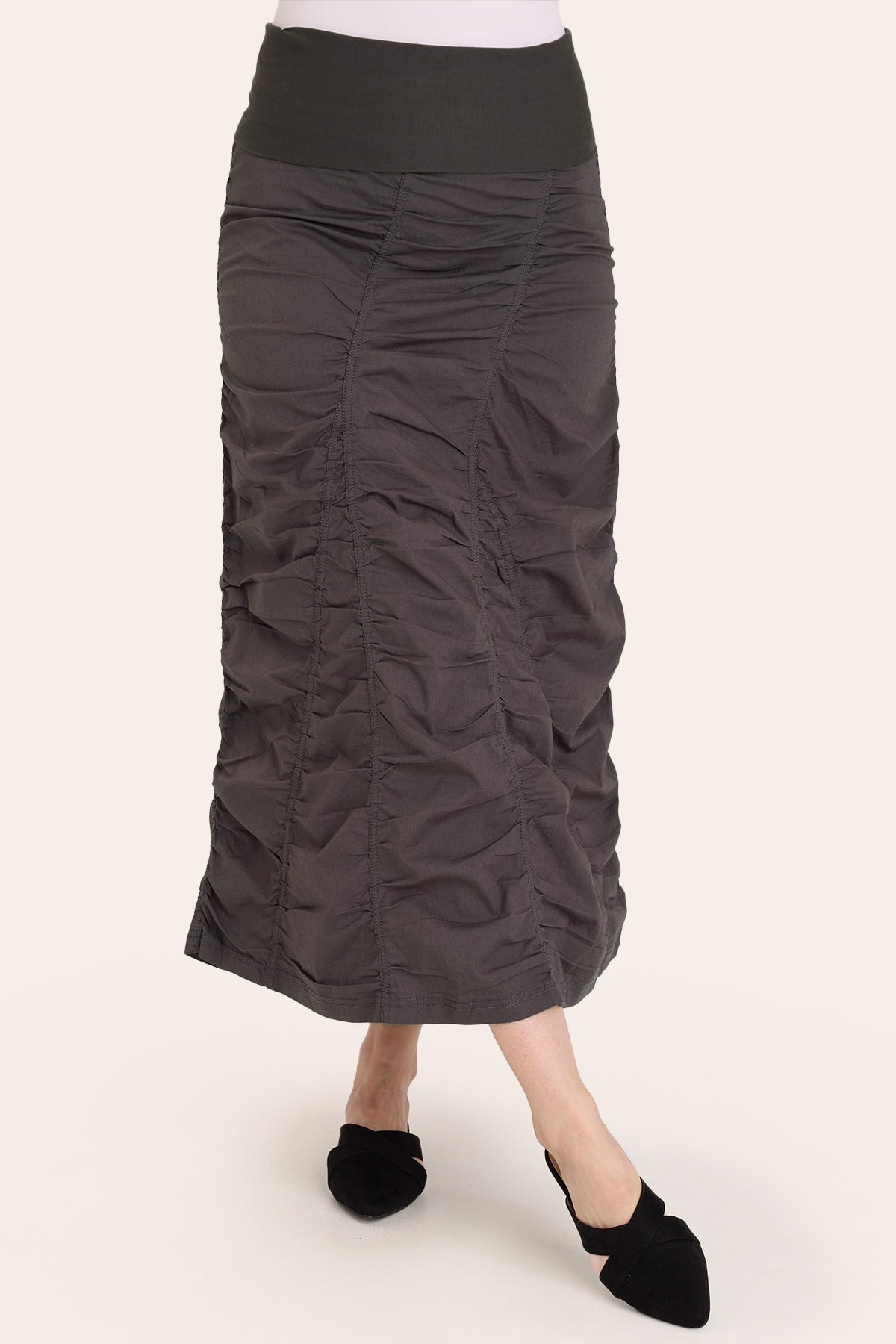 Core by Shirred Panel Asymmetric Midi Skirt in Stretch Poplin with jersey pull-on foldover waistband and gored section in Grey  - XCVI