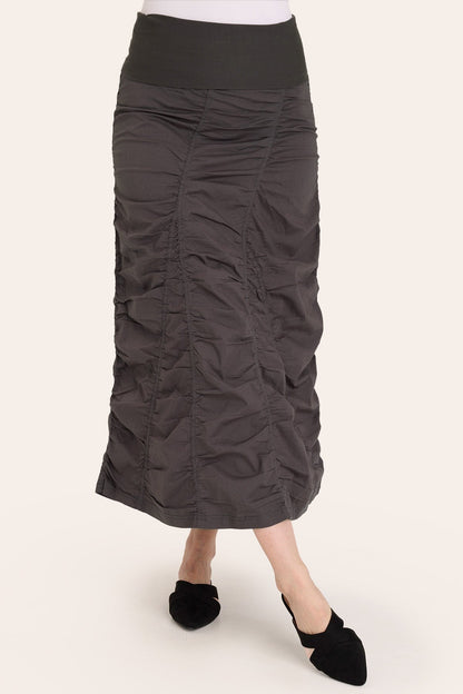 Core by Shirred Panel Asymmetric Midi Skirt in Stretch Poplin with jersey pull-on foldover waistband and gored section in Grey  - XCVI