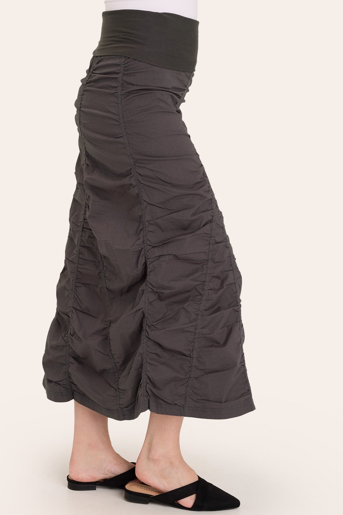 Core by Shirred Panel Asymmetric Midi Skirt in Stretch Poplin with jersey pull-on foldover waistband and gored section in Grey  - XCVI