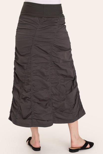 Core by Shirred Panel Asymmetric Midi Skirt in Stretch Poplin with jersey pull-on foldover waistband and gored section in Grey  - XCVI
