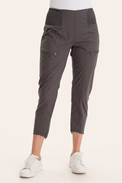 Core by Acker Zipper Slim Crop with shirred panels, zipper pockets, and raw-edge distressed rounded hem in Grey  - XCVI