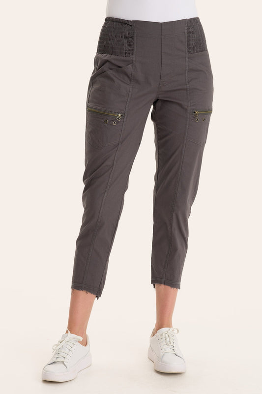 Core by Acker Zipper Slim Crop with shirred panels, zipper pockets, and raw-edge distressed rounded hem in Grey  - XCVI