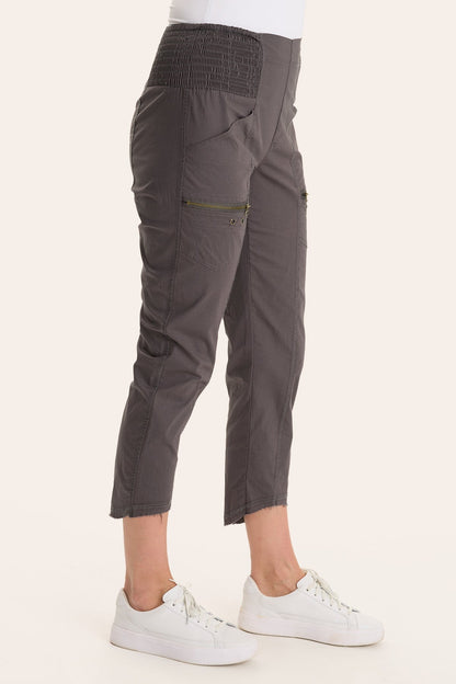 Core by Acker Zipper Slim Crop with shirred panels, zipper pockets, and raw-edge distressed rounded hem in Grey  - XCVI