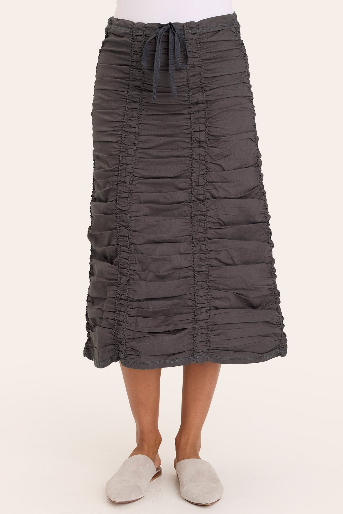 Core by Shirred Drawstring Midi Skirt in Stretch Poplin in Grey  - XCVI