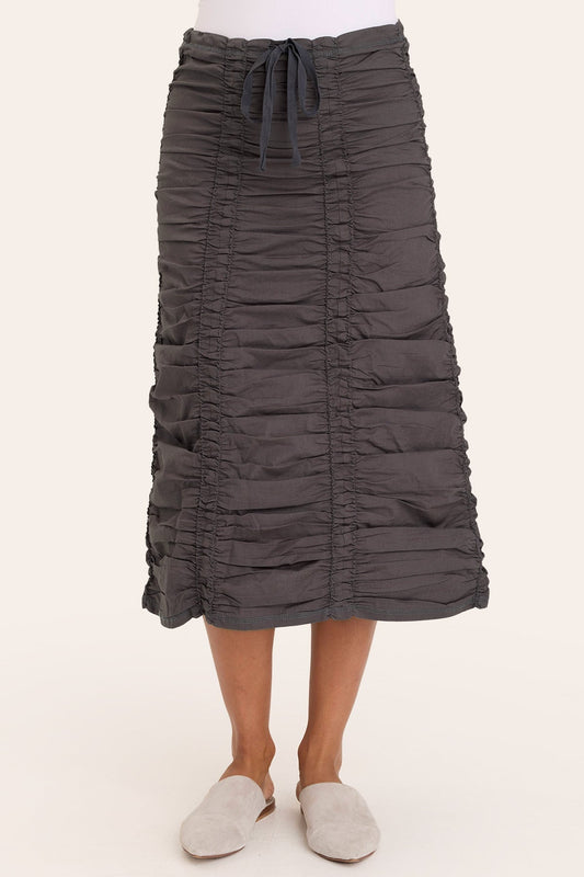 Core by Shirred Drawstring Midi Skirt in Stretch Poplin in Grey  - XCVI