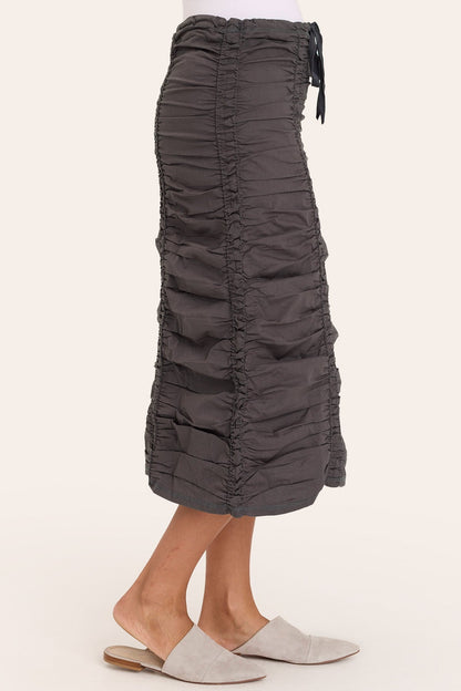 Core by Shirred Drawstring Midi Skirt in Stretch Poplin in Grey  - XCVI