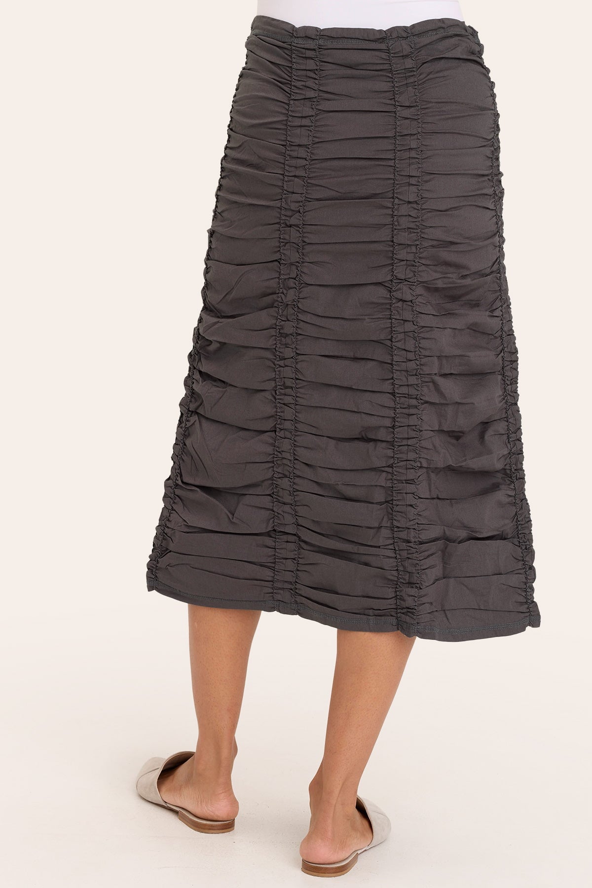 Core by Shirred Drawstring Midi Skirt in Stretch Poplin in Grey  - XCVI