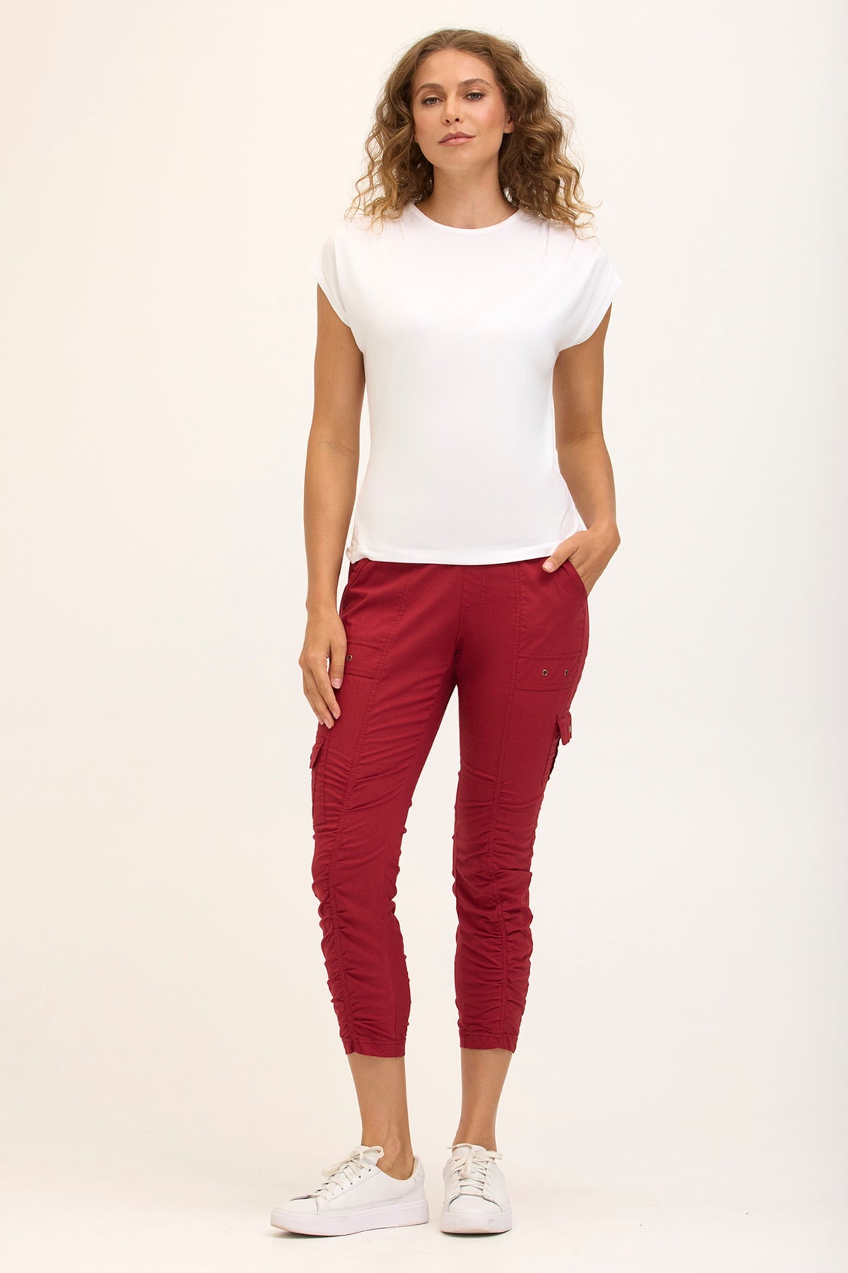 Wearables Tilton Stretch Poplin Ruched Crop Skinny Pant Crimson - XCVI