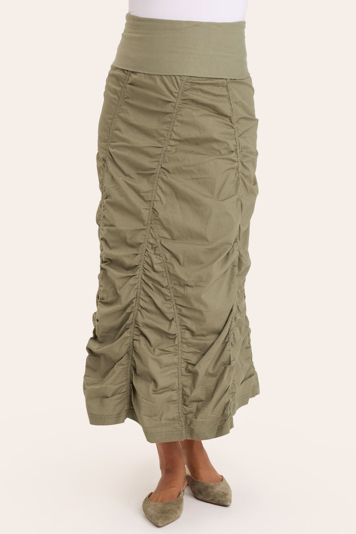 Core by Shirred Panel Asymmetric Midi Skirt in Stretch Poplin with jersey pull-on foldover waistband and gored section in Green  - XCVI