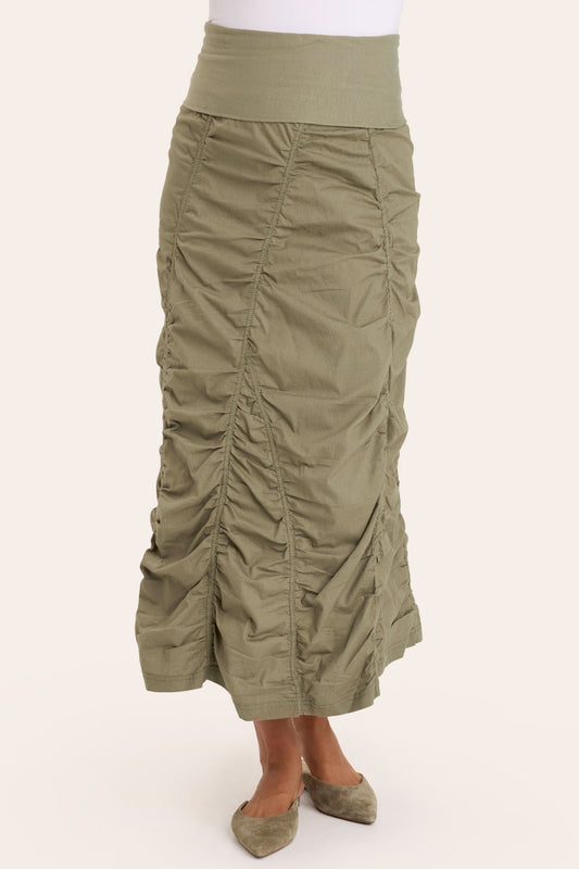 Core by Shirred Panel Asymmetric Midi Skirt in Stretch Poplin with jersey pull-on foldover waistband and gored section in Green  - XCVI
