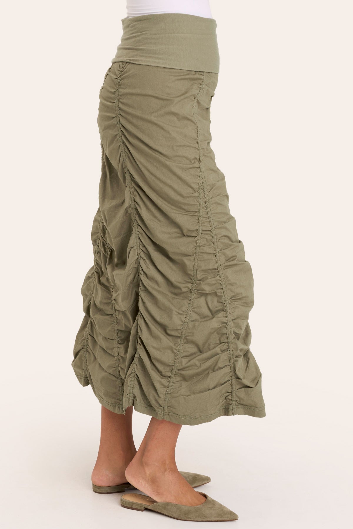 Core by Shirred Panel Asymmetric Midi Skirt in Stretch Poplin with jersey pull-on foldover waistband and gored section in Green  - XCVI