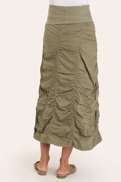 Core by Shirred Panel Asymmetric Midi Skirt in Stretch Poplin with jersey pull-on foldover waistband and gored section in Green  - XCVI