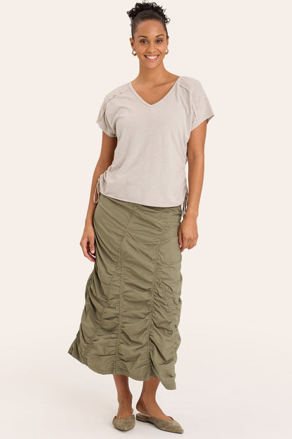 Core by Shirred Panel Asymmetric Midi Skirt in Stretch Poplin with jersey pull-on foldover waistband and gored section in Green  - XCVI
