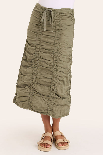Core by Shirred Drawstring Midi Skirt in Stretch Poplin in Green  - XCVI