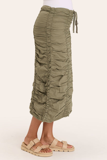 Core by Shirred Drawstring Midi Skirt in Stretch Poplin in Green  - XCVI