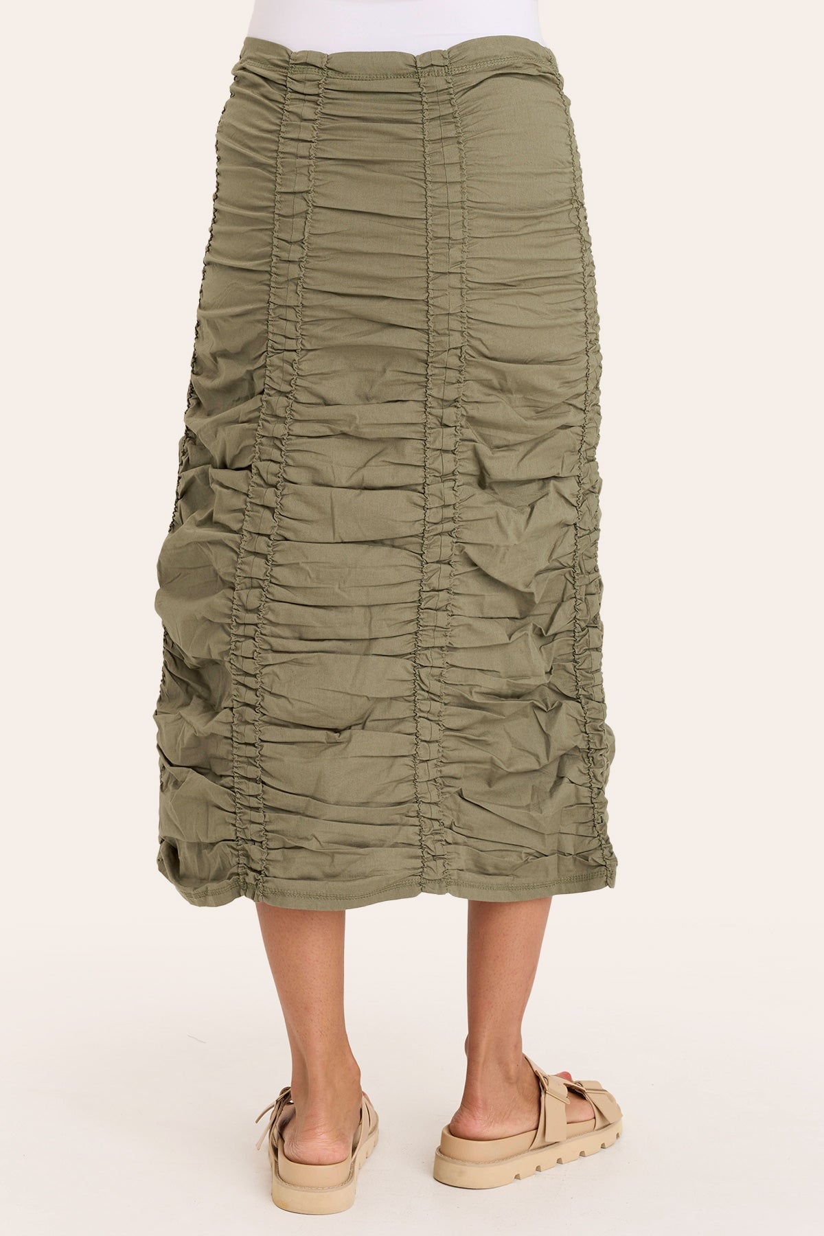 Core by Shirred Drawstring Midi Skirt in Stretch Poplin in Green  - XCVI