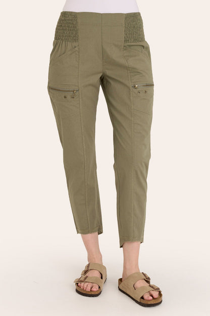 Core by Acker Zipper Slim Crop with shirred panels, zipper pockets, and raw-edge distressed rounded hem in Green  - XCVI