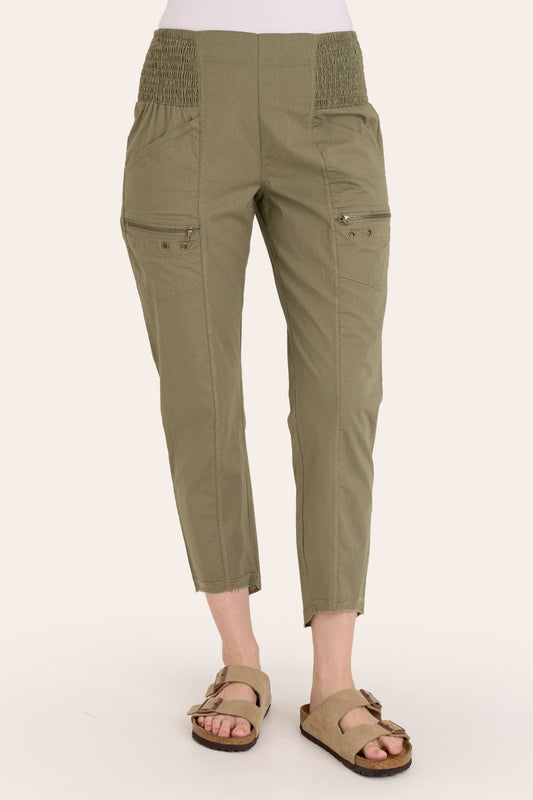 Core by Acker Zipper Slim Crop with shirred panels, zipper pockets, and raw-edge distressed rounded hem in Green  - XCVI