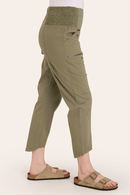 Core by Acker Zipper Slim Crop with shirred panels, zipper pockets, and raw-edge distressed rounded hem in Green  - XCVI