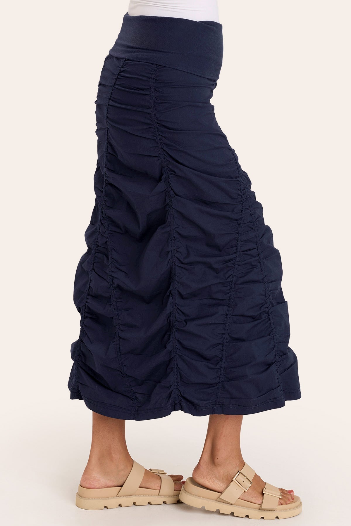 Core by Shirred Panel Asymmetric Midi Skirt in Stretch Poplin with jersey pull-on foldover waistband and gored section in Blue  - XCVI