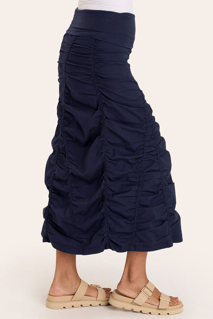 Core by Shirred Panel Asymmetric Midi Skirt in Stretch Poplin with jersey pull-on foldover waistband and gored section in Blue  - XCVI