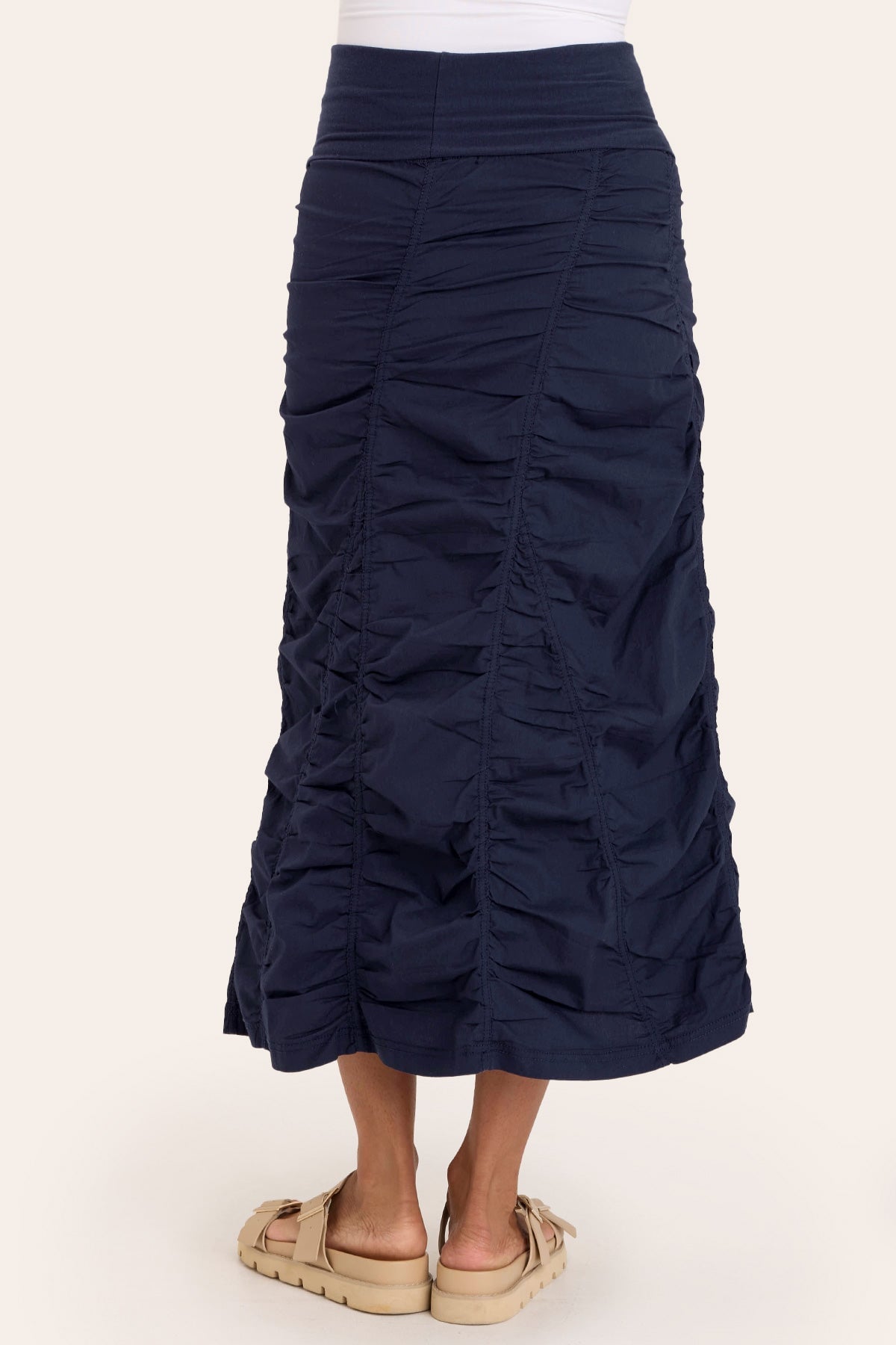 Core by Shirred Panel Asymmetric Midi Skirt in Stretch Poplin with jersey pull-on foldover waistband and gored section in Blue  - XCVI