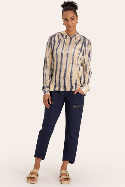 Core by Acker Zipper Slim Crop with shirred panels, zipper pockets, and raw-edge distressed rounded hem in Blue  - XCVI