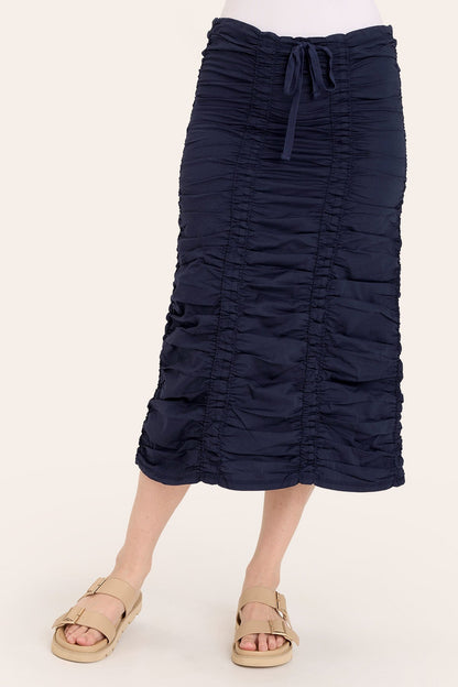 Core by Shirred Drawstring Midi Skirt in Stretch Poplin in Blue  - XCVI