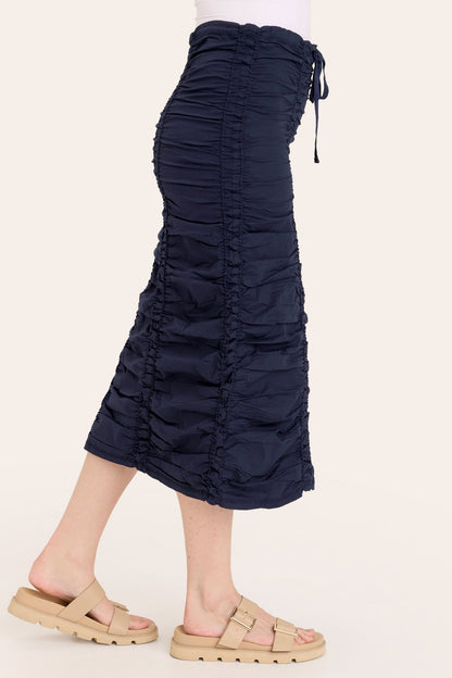 Core by Shirred Drawstring Midi Skirt in Stretch Poplin in Blue  - XCVI