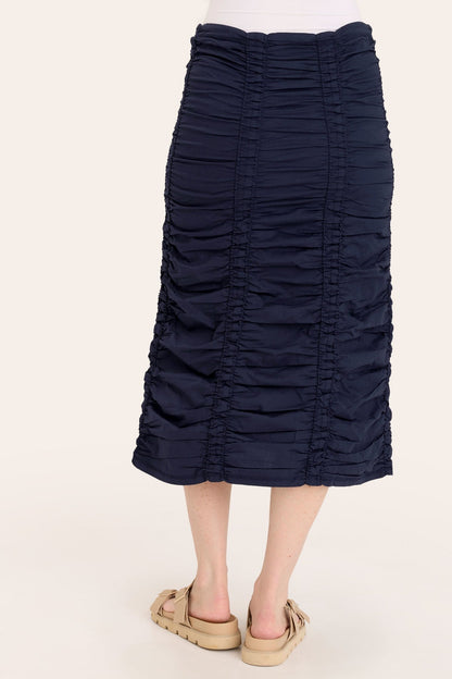 Core by Shirred Drawstring Midi Skirt in Stretch Poplin in Blue  - XCVI