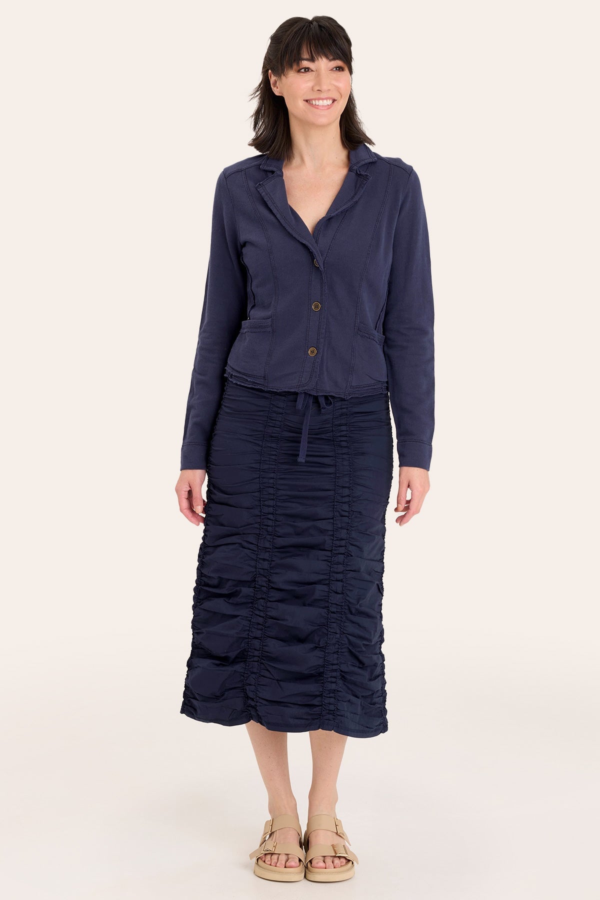 Core by Shirred Drawstring Midi Skirt in Stretch Poplin in Blue  - XCVI