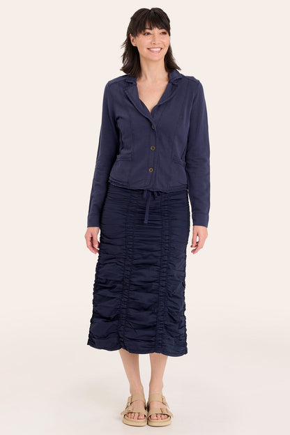 Core by Shirred Drawstring Midi Skirt in Stretch Poplin in Blue  - XCVI