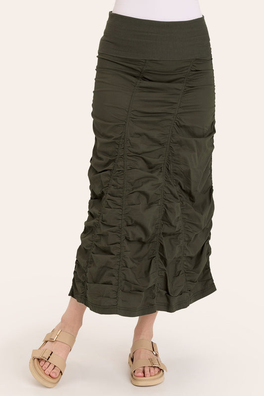 Core by Shirred Panel Asymmetric Midi Skirt in Stretch Poplin with jersey pull-on foldover waistband and gored section in Green  - XCVI