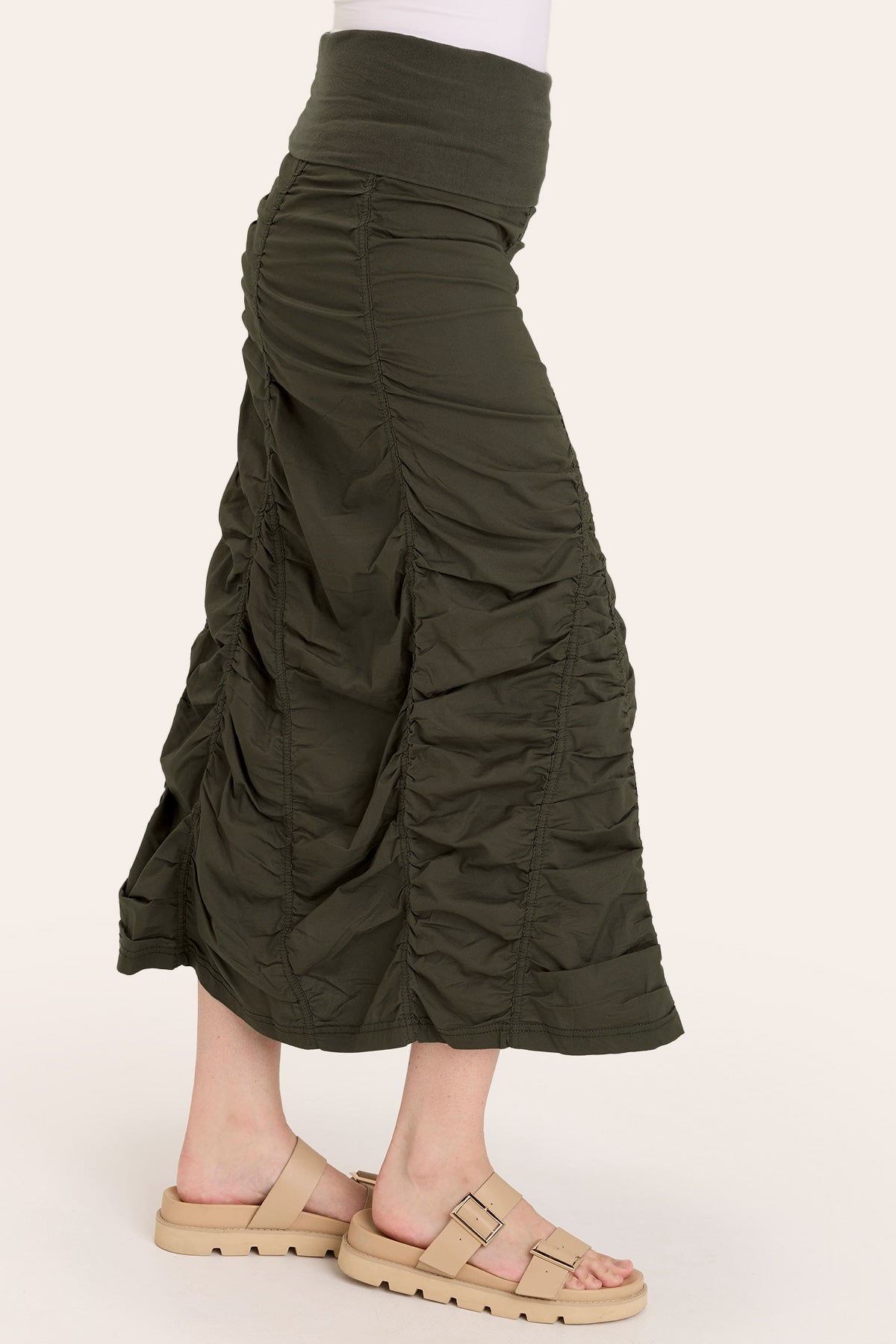 Core by Shirred Panel Asymmetric Midi Skirt in Stretch Poplin with jersey pull-on foldover waistband and gored section in Green  - XCVI