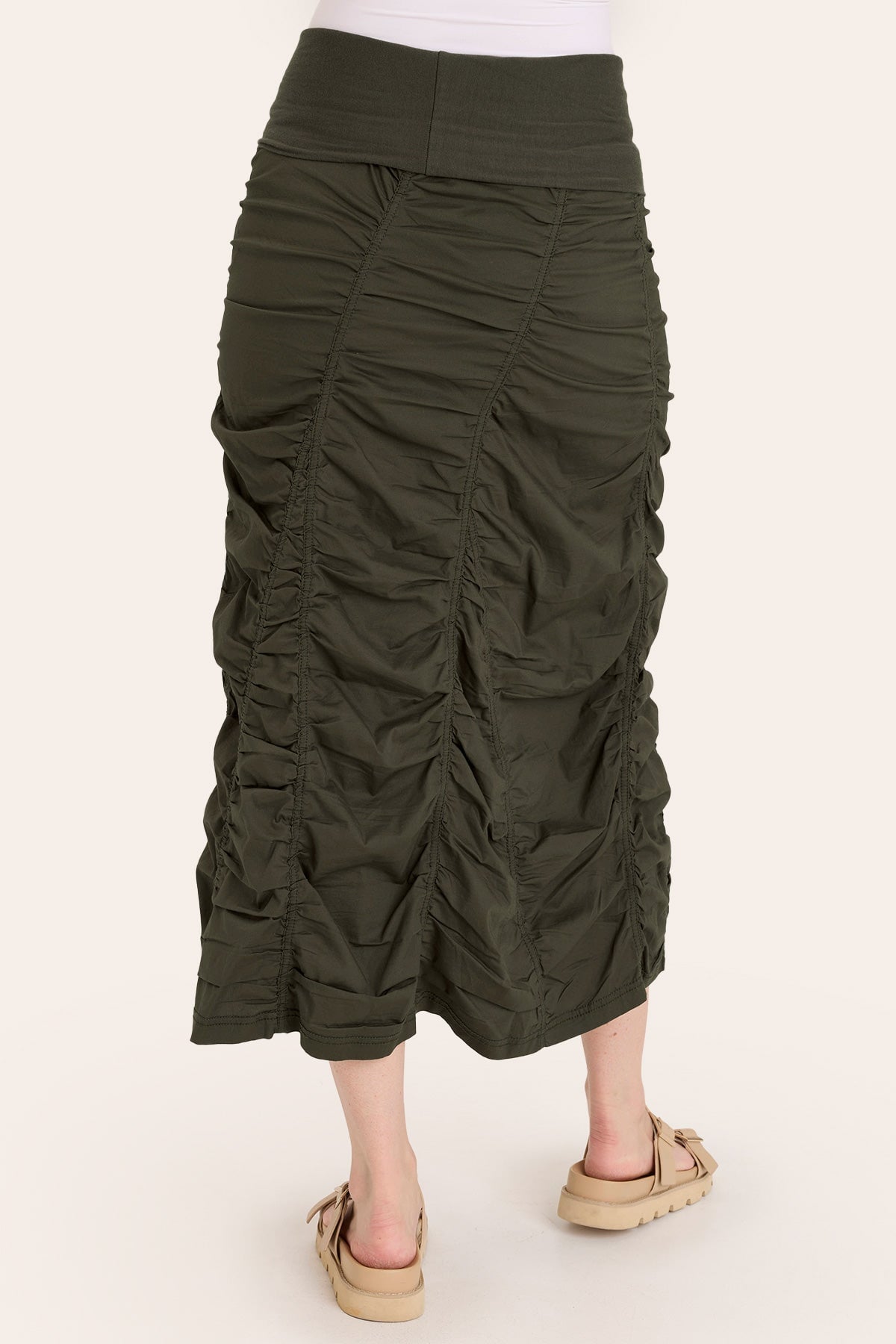 Core by Shirred Panel Asymmetric Midi Skirt in Stretch Poplin with jersey pull-on foldover waistband and gored section in Green  - XCVI