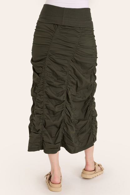 Core by Shirred Panel Asymmetric Midi Skirt in Stretch Poplin with jersey pull-on foldover waistband and gored section in Green  - XCVI