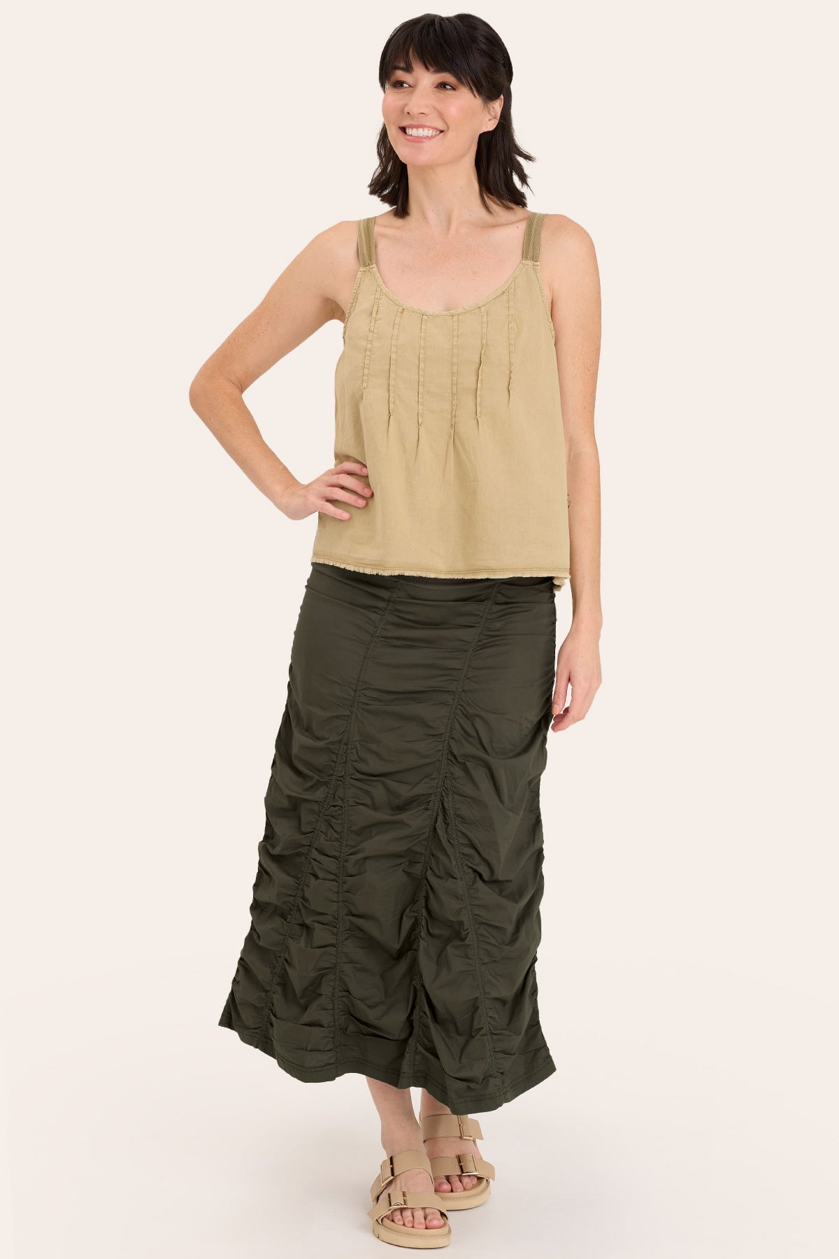 Core by Shirred Panel Asymmetric Midi Skirt in Stretch Poplin with jersey pull-on foldover waistband and gored section in Green  - XCVI