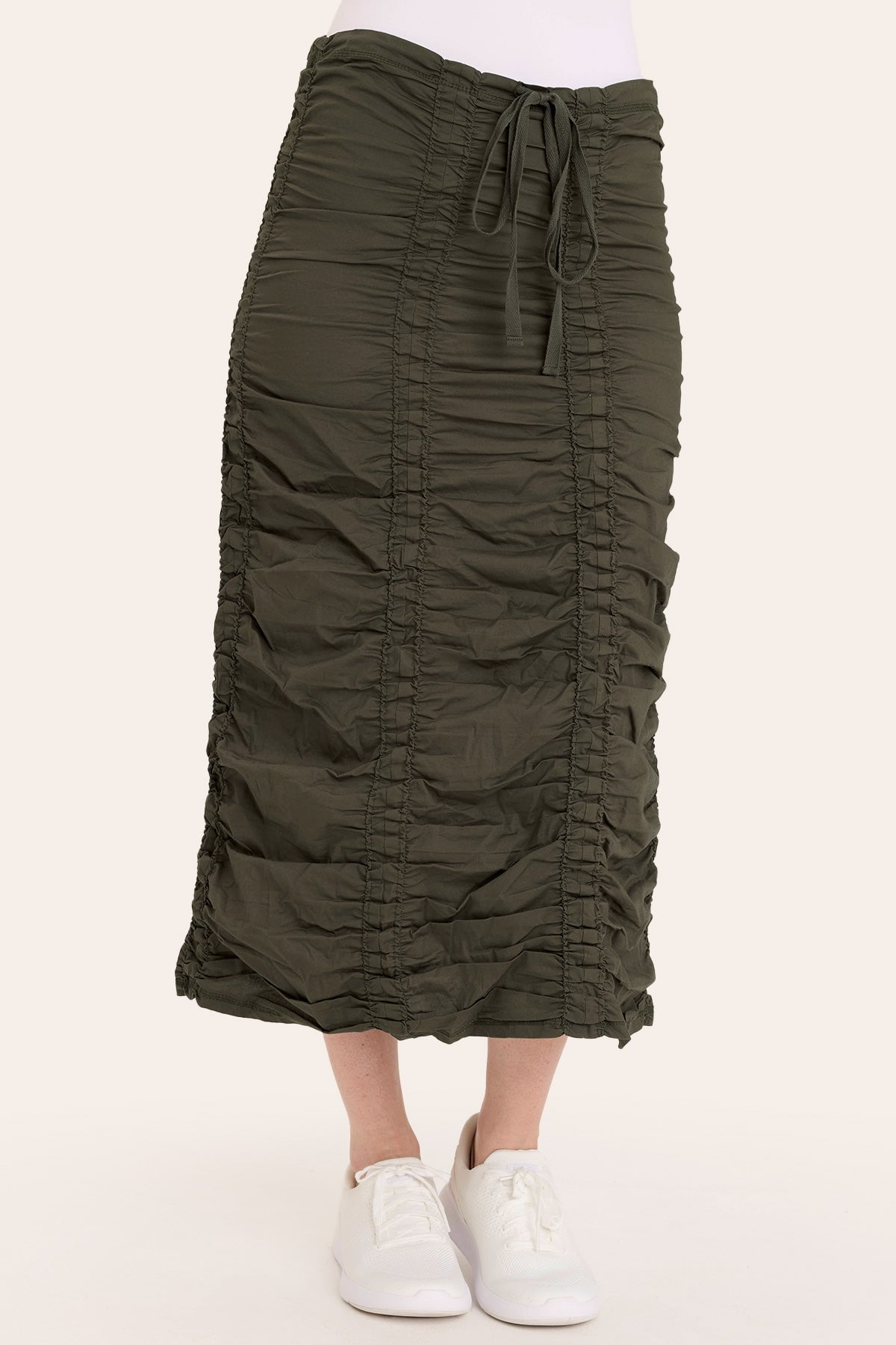 Core by Shirred Drawstring Midi Skirt in Stretch Poplin in Green  - XCVI