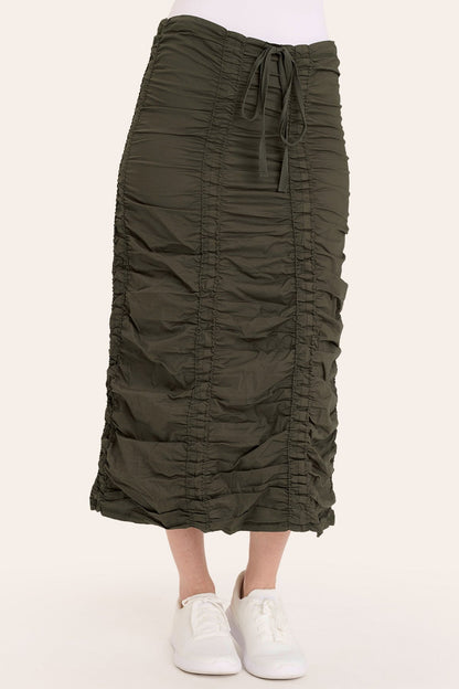 Core by Shirred Drawstring Midi Skirt in Stretch Poplin in Green  - XCVI
