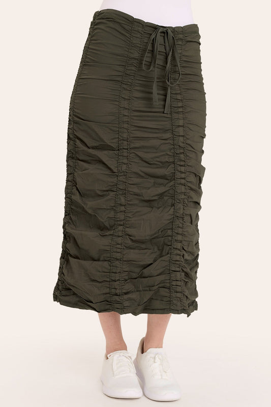 Core by Shirred Drawstring Midi Skirt in Stretch Poplin in Green  - XCVI