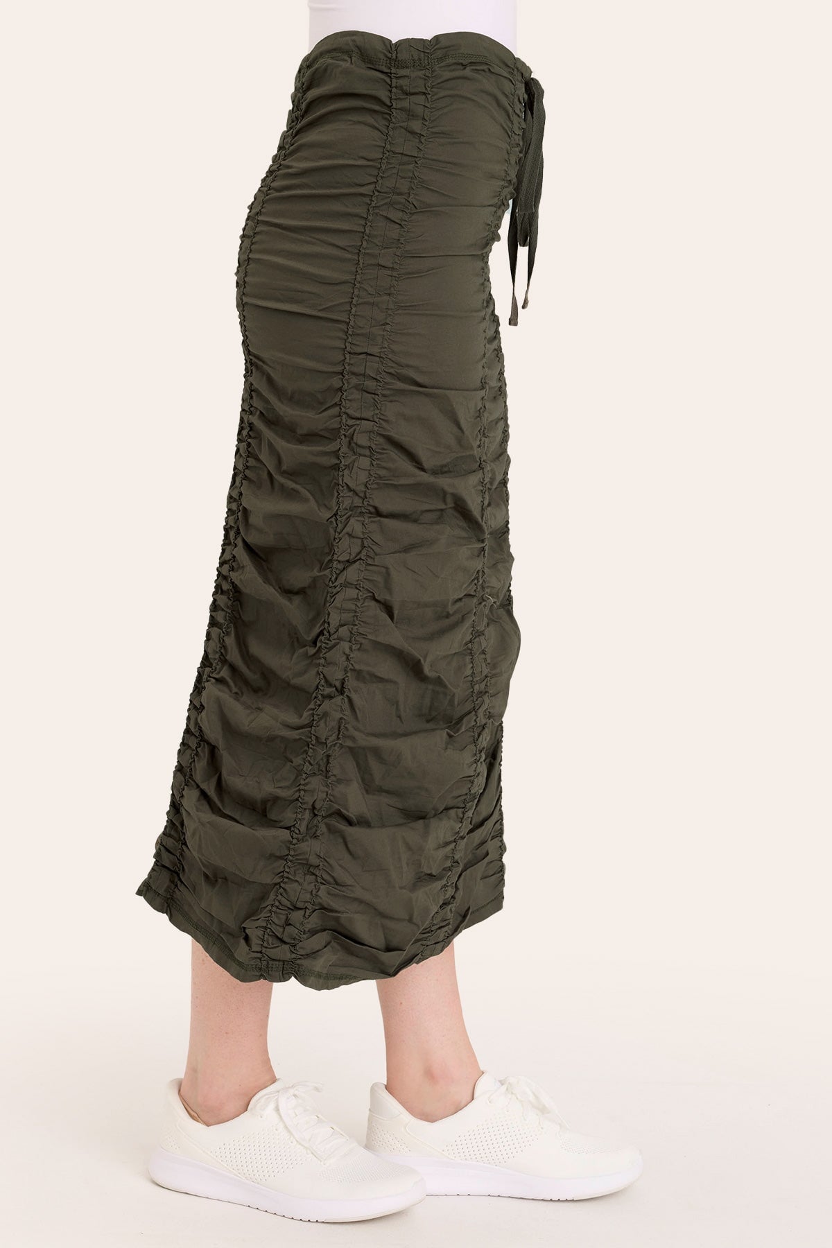 Core by Shirred Drawstring Midi Skirt in Stretch Poplin in Green  - XCVI