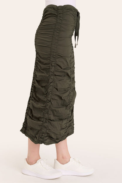 Core by Shirred Drawstring Midi Skirt in Stretch Poplin in Green  - XCVI