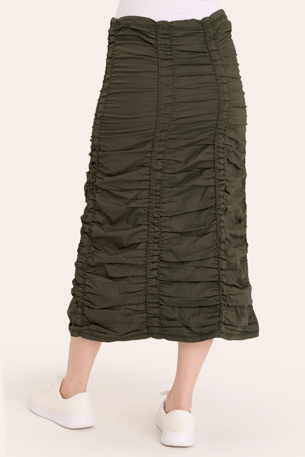 Core by Shirred Drawstring Midi Skirt in Stretch Poplin in Green  - XCVI