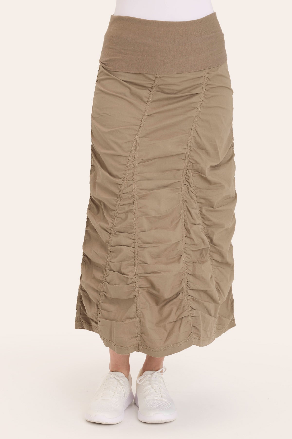 Core by Shirred Panel Asymmetric Midi Skirt in Stretch Poplin with jersey pull-on foldover waistband and gored section in Brown  - XCVI