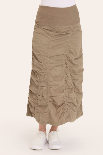 Core by Shirred Panel Asymmetric Midi Skirt in Stretch Poplin with jersey pull-on foldover waistband and gored section in Brown  - XCVI