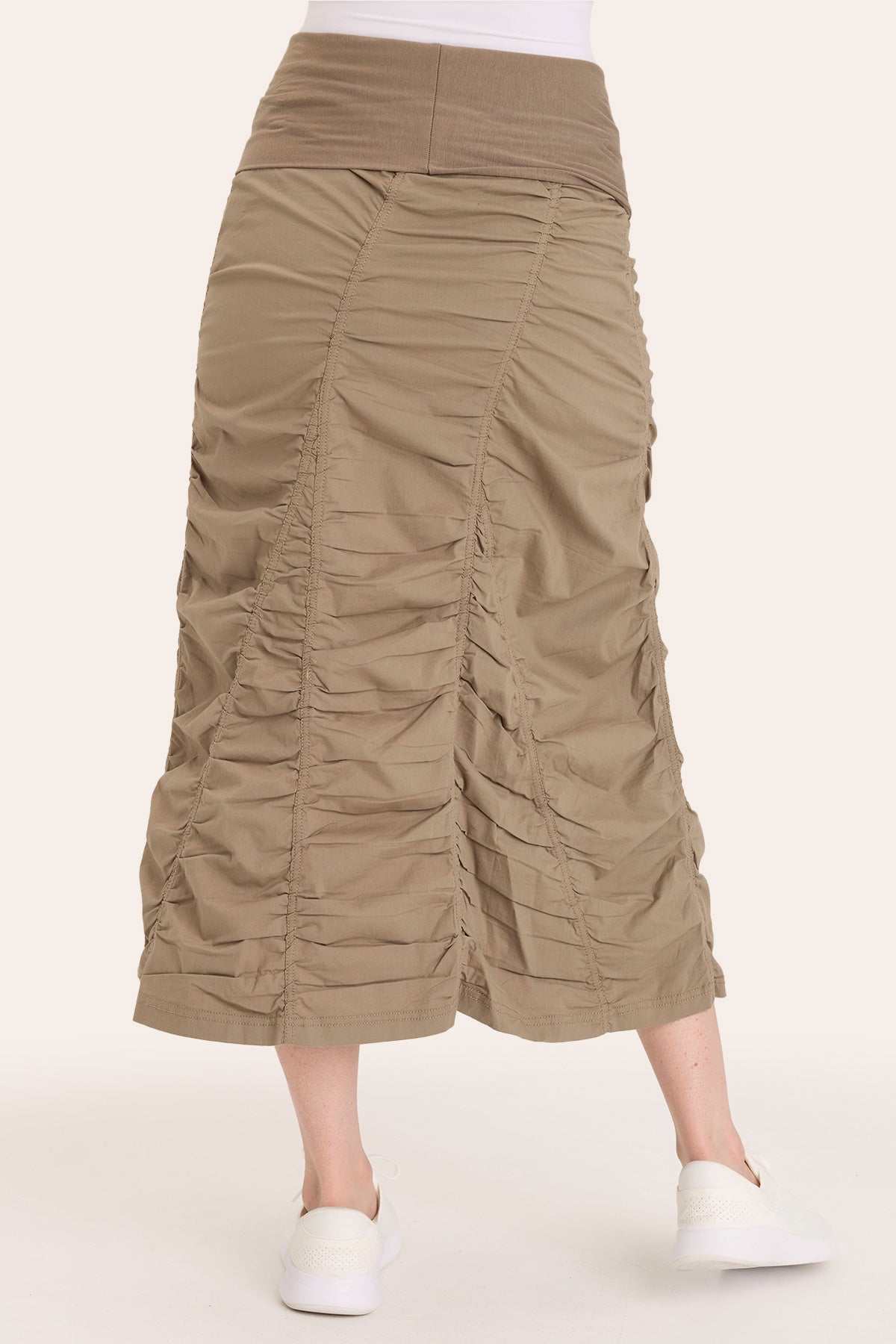 Core by Shirred Panel Asymmetric Midi Skirt in Stretch Poplin with jersey pull-on foldover waistband and gored section in Brown  - XCVI